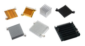 A collection of various anodized aluminum heat sinks on a white background.